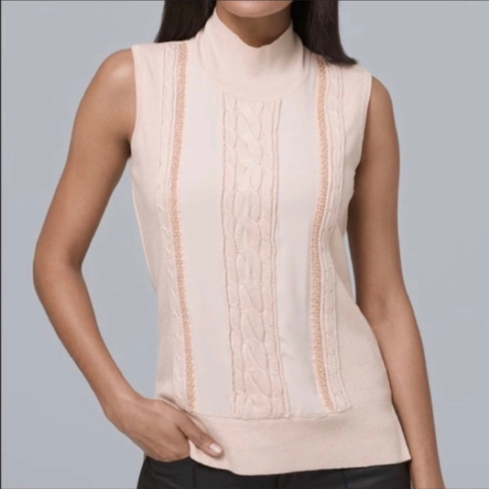 White House Black Market Sleeveless Cable Knit Mock Neck Sweater Sz M Rose Pink